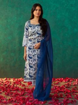 Gahan - Womens Blue Floral Printed Kurta with Pant & Dupatta