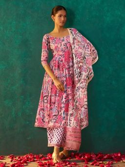 Gahan - Womens Pink Floral Printed Anarkali Kurta with Pant & Dupatta