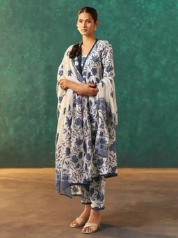 Gahan - Womens Blue Floral Printed Anarkali Kurta with Pant & Dupatta