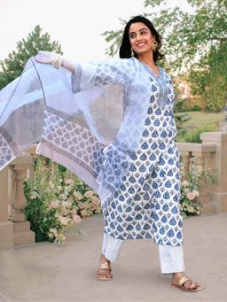 Gahan - Womens Blue Printed Kurta with Pant & Dupatta