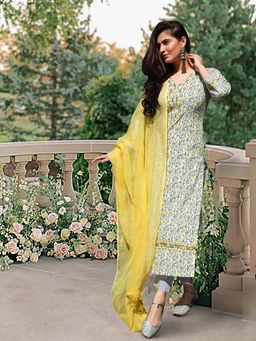 Gahan - Womens Yellow Printed Kurta with Pant & Dupatta