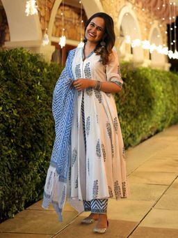 Gahan - Womens Blue Floral Printed Anarkali Kurta with Pant & Dupatta