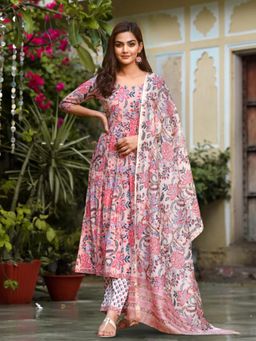 Gahan - Womens Pink Floral Printed Anarkali Kurta with Pant & Dupatta