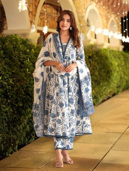 Gahan - Womens Blue Floral Printed Anarkali Kurta with Pant & Dupatta