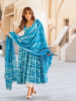 Gahan - Womens Blue Floral Printed Anarkali Kurta with Pant & Dupatta