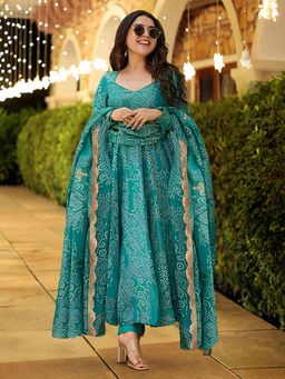 Gahan - Womens Teal Floral Printed Anarkali Kurta with Pant & Dupatta