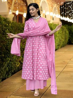 Gahan - Womens Pink Polka Dots Printed Anarkali Kurta with Pant & Dupatta