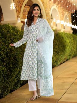 Gahan - Womens White Floral Printed Anarkali Kurta with Pant & Dupatta