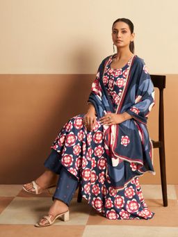 Gahan - Womens Blue Floral Printed Anarkali Kurta with Pant & Dupatta