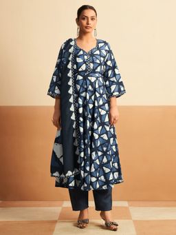 Gahan - Womens Blue Printed Anarkali Kurta with Pant & Dupatta