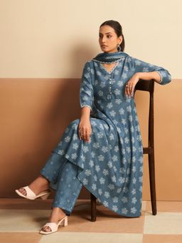 Gahan - Women Grey Printed Cotton Blend Anarkali Kurta and Pant with Dupatta