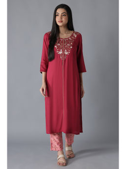 Aurelia - Red Embroidered Solid Kurta Trousers (Set of 2)