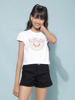 CRIMSOUNE CLUB - Girls White Graphic Print Crop Length T-Shirt