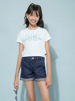 CRIMSOUNE CLUB - Girls Blue Graphic Print Crop Length T-Shirt