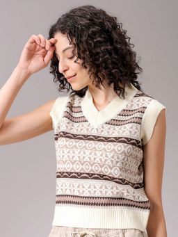Freehand - Brown V-Neck Geometric Sweater