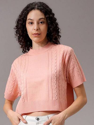 Pink Crew Neck Textured Sweater
