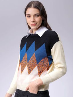 Freehand - Multi-Color Round Neck Geometric Printed Sweater