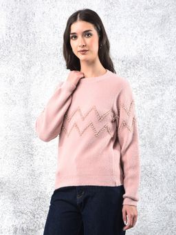 CRIMSOUNE CLUB - Pink Round Neck Printed Sweater