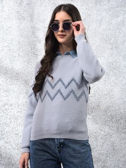 CRIMSOUNE CLUB - Blue Round Neck Embellished Sweater