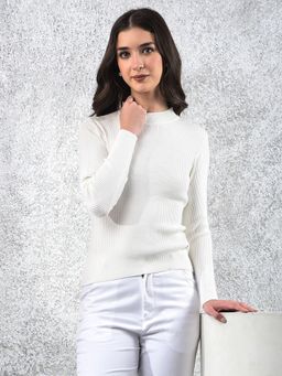 CRIMSOUNE CLUB - White High Neck Solid Sweater