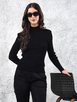 CRIMSOUNE CLUB - Black High Neck Solid Sweater