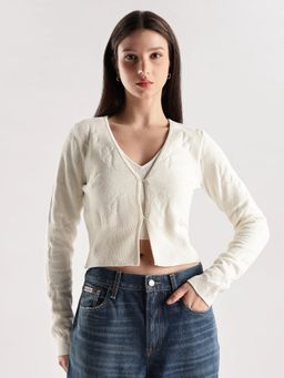 Calvin Klein - White V-Neck Typography Cardigan