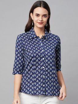 Divena - Indigo Block Printed Casual Women Shirt