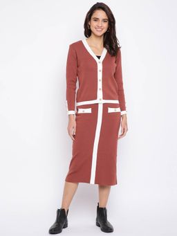 IKI CHIC - Brown Front Button Colorblocked Cardigan And Pencil Skirt (Set of 2)