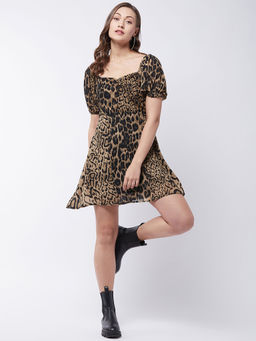 Magre - Brown Animal Printed Sweetheart Neck Dress