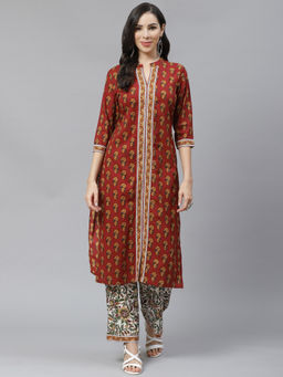 Yuris - Women Maroon & Mustard Pure Cotton Printed Kurta With Palazzos ( Set of 2)