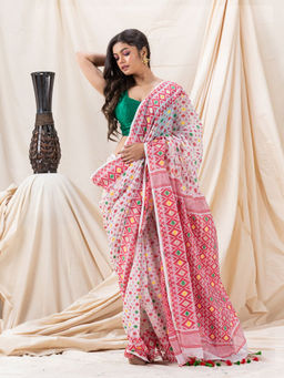 Angoshobha - Traditional White & Red Soft Dhakai Jamdani Saree with Unstitched Blouse