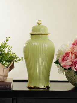 Pure Home + Living - Light Green Ribbed Ceramic Urn with Lid - Small