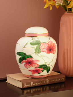 Pure Home + Living - Pink and White Floral Print Convex Ceramic Canister with Lid - Small