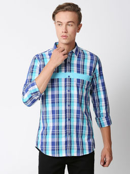Solemio - Checks 100% Cotton Slim Fit Full Sleeves Casual Shirt - Blue