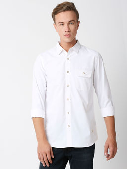 Solemio - Solid 100% Cotton Slim Fit Full Sleeves Casual Shirt - White