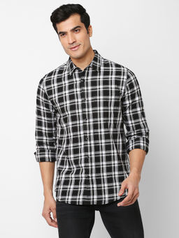 Solemio - Checks 100% Cotton Slim Fit Full Sleeves Casual Shirt - Black