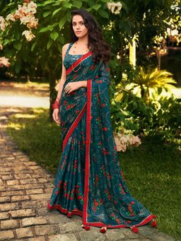 Odette - Womens Chiffon Teal blue Embellished Saree with Unstitched Blouse