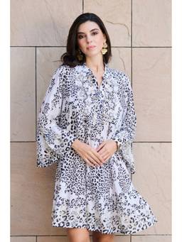 CINCIN Fashion - Cheetah Print White Cove Embroidered Dress