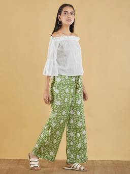 Sivi - Off White Cotton Mulmul Top with Hand Block Printed Palazzos