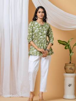 Sivi - Green Floral Handblock Printed Top with Pants