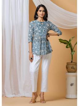 Sivi - Blue Floral Handblock Printed Top with Pants