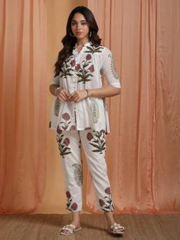 Sivi - White Hand Block Printed Cotton Mulmul Co-Ord Set