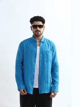 XKIND - Pure Linen Blue Button Down Casual Shirt
