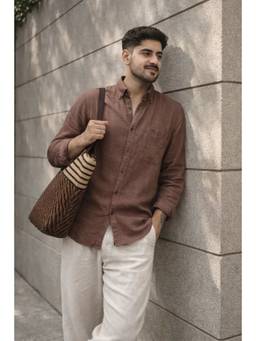 XKIND - Pure Linen Mocha Mouse Button Down Casual Shirt