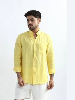 XKIND - Pure Linen Buttercup Yellow Button Down Casual Shirt