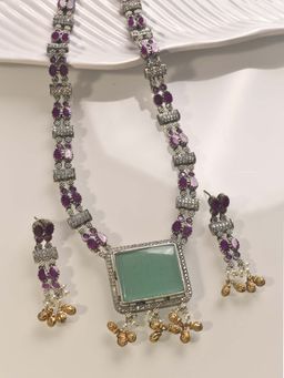 Peach Tassels - Green Tassels Purple stones Long Necklace Set, Beautiful Necklace For Woman