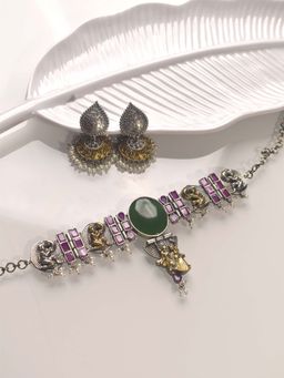 Peach Tassels - Multi-Color Stone Choker, Metal Choker