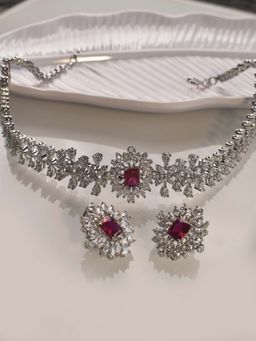 Peach Tassels - AD Necklace set with a Red Stone, White Choker Set