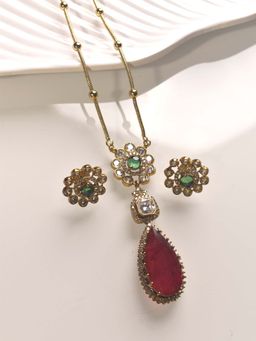 Peach Tassels - Big Red Stone Necklace, Kundan Necklace set