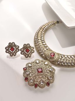 Peach Tassels - Beautiful Kundan Necklace set, Red stone With Kundan Necklace set
